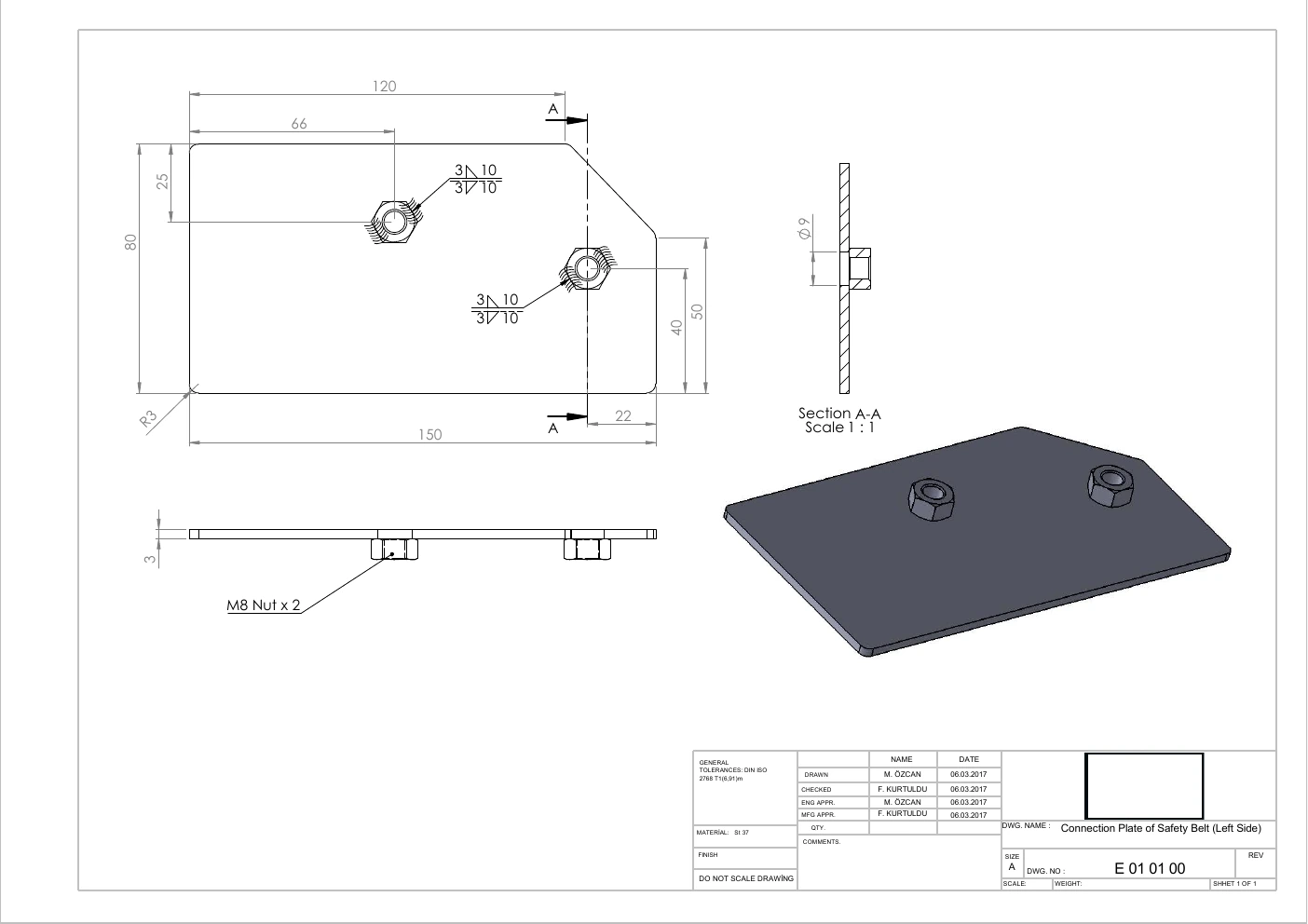 Technical drawing: left seat belt mounting plate