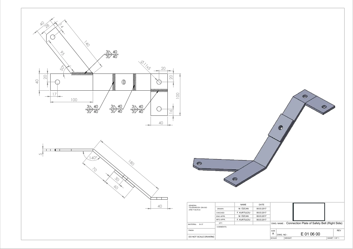 Technical drawing: right seat belt mounting plate